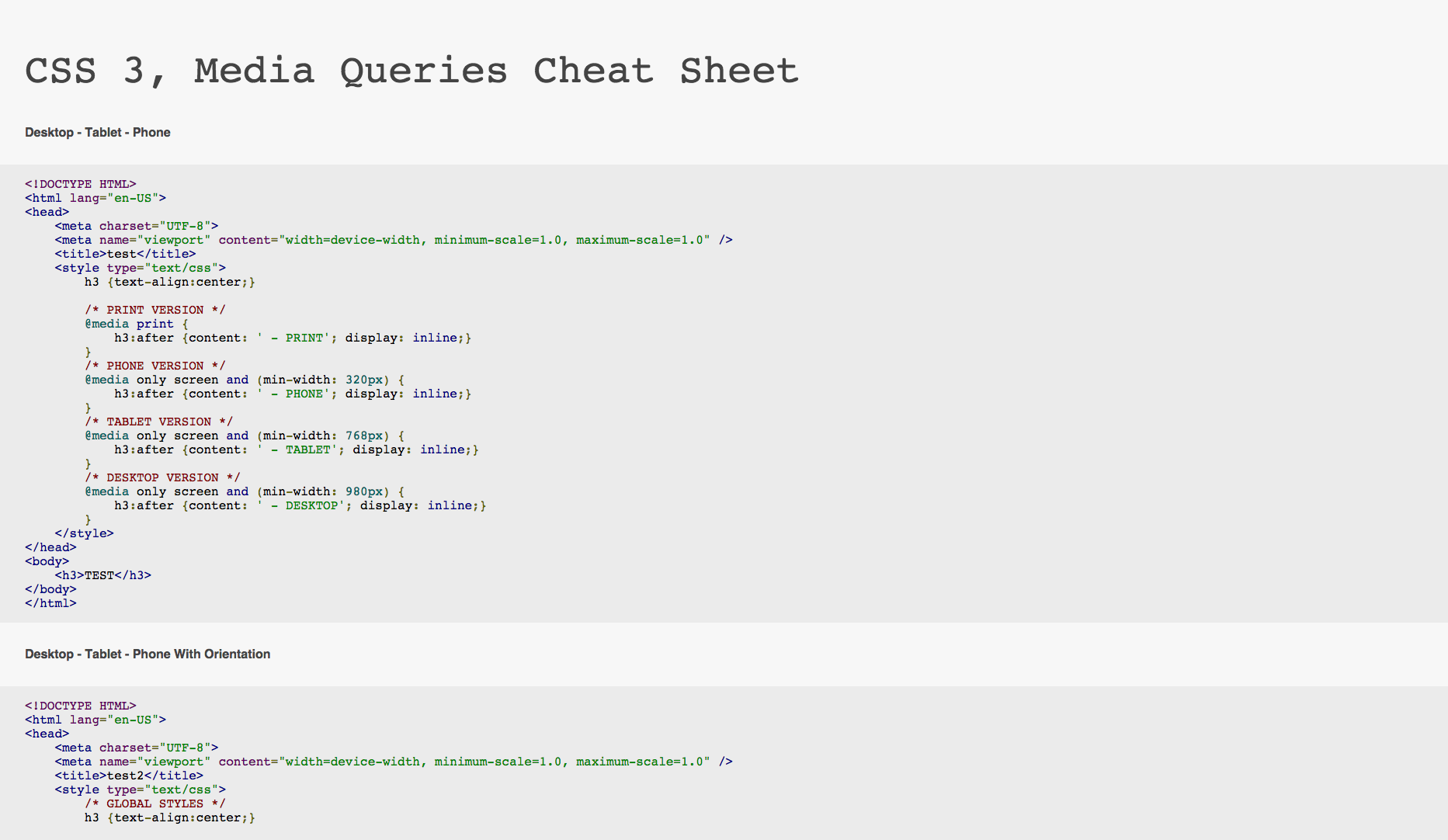 CSS 3, Media Queries Cheat Sheet