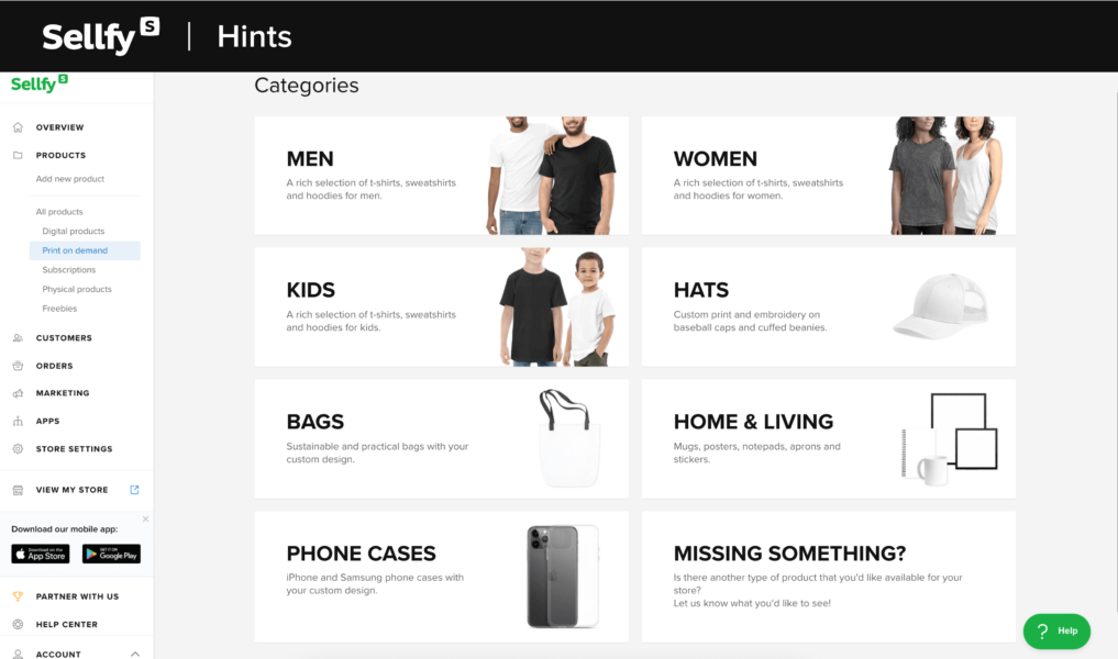 Sellfy dashboard — print-on-demand products