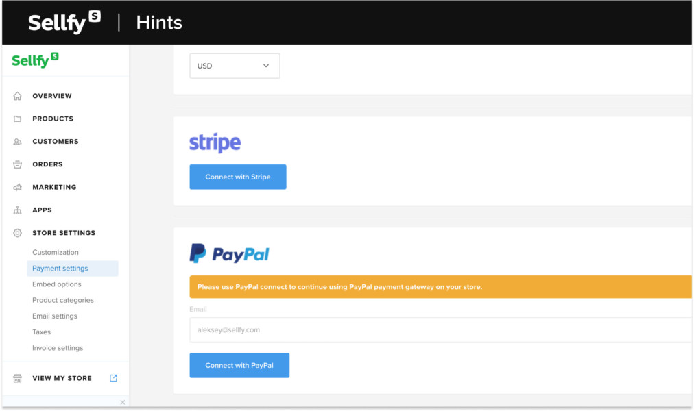 Sellfy dashboard — Payment settings