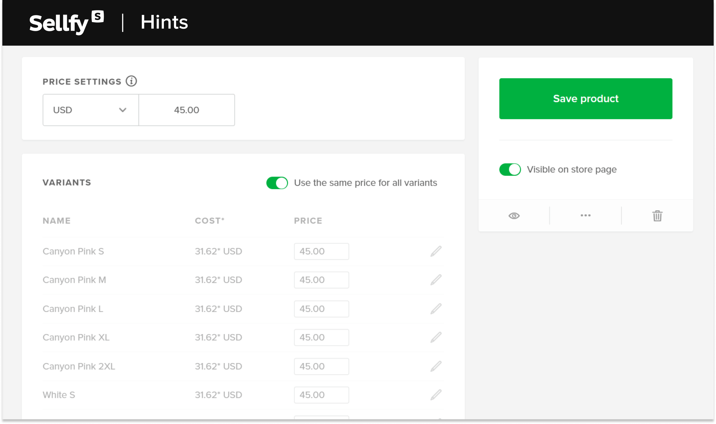 sellfy price settings