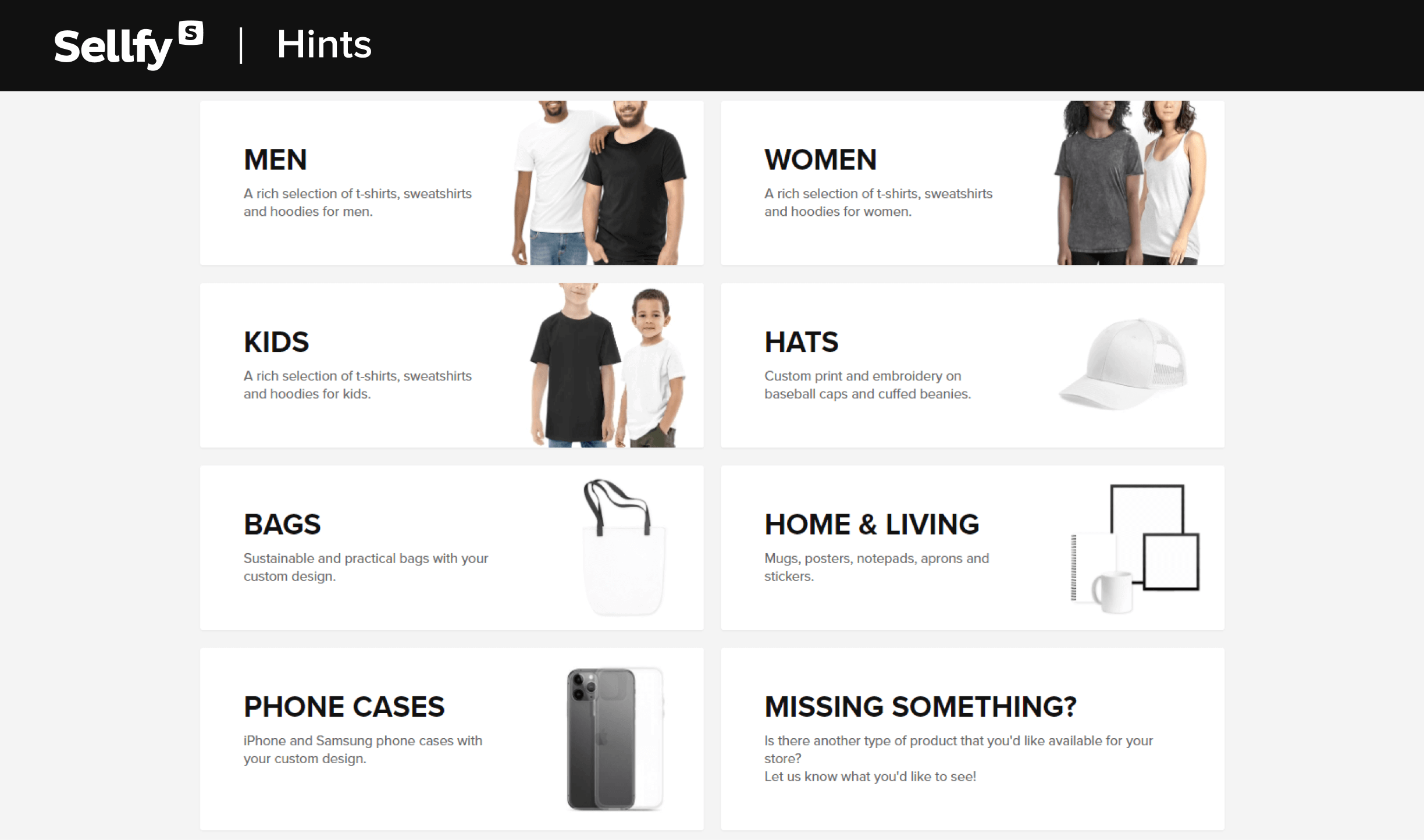 sellfy print on demand categories