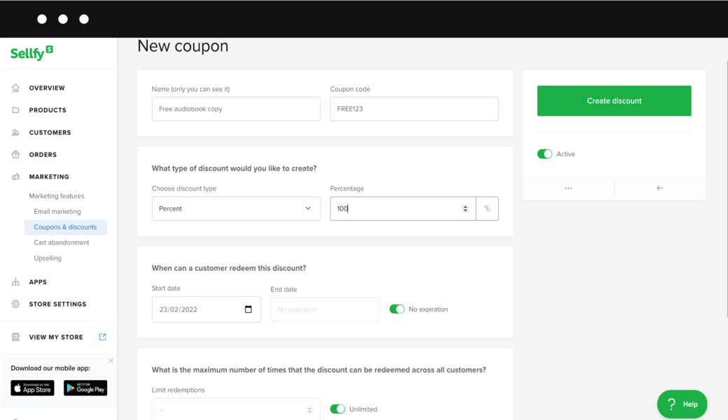 Sellfy Discount & Coupon code feature