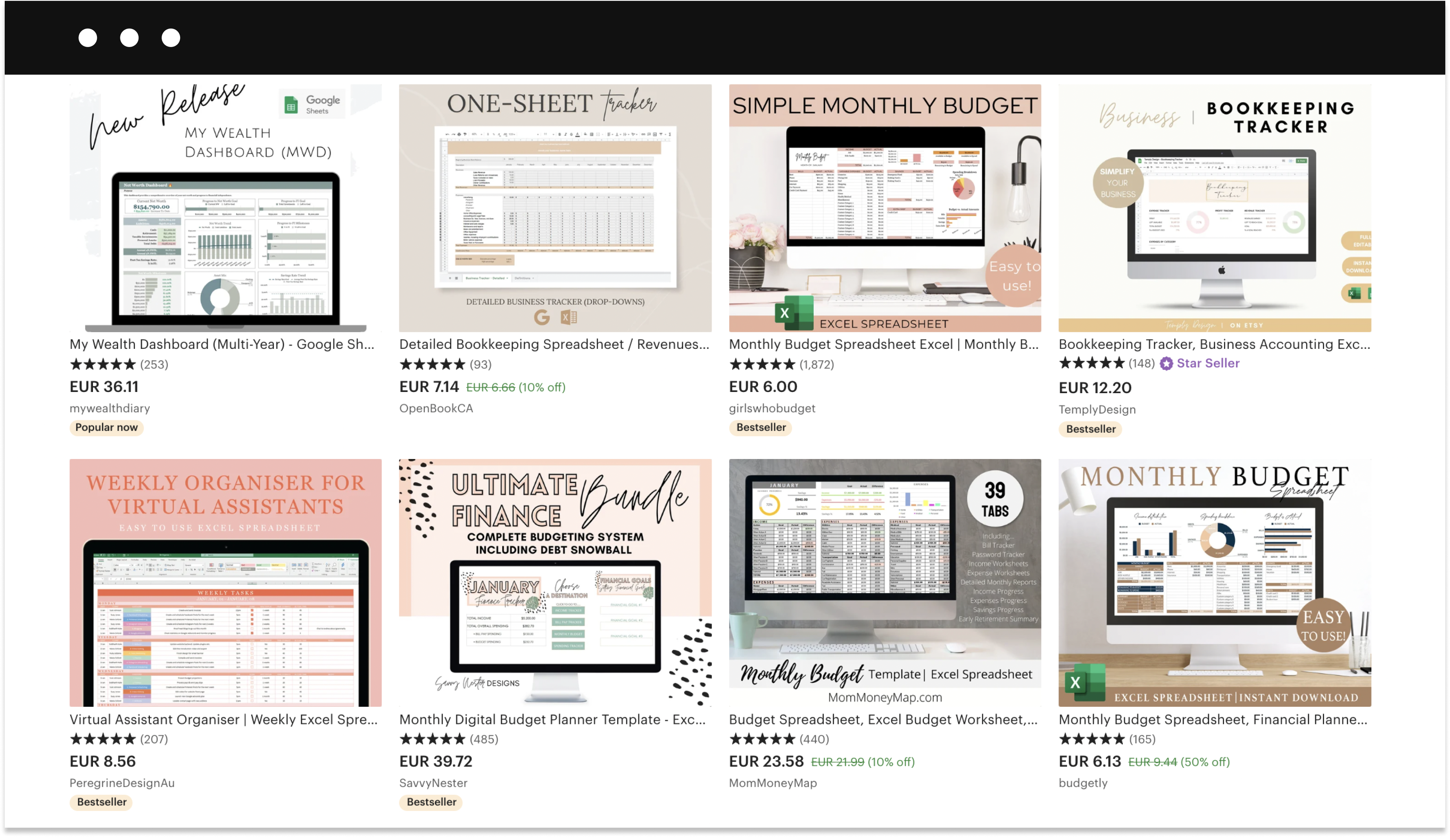 Excel spreadsheets on Etsy