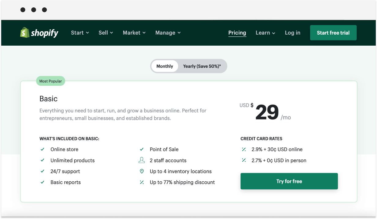 shopify pricing plan