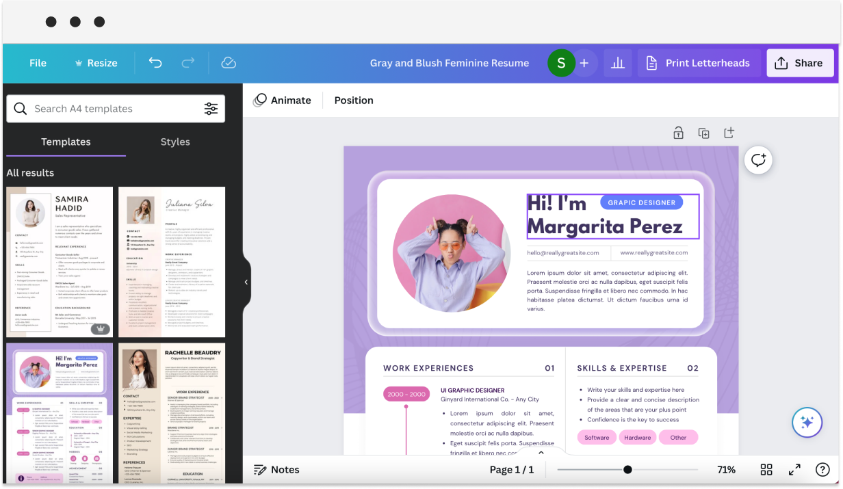 editing resume template in canva