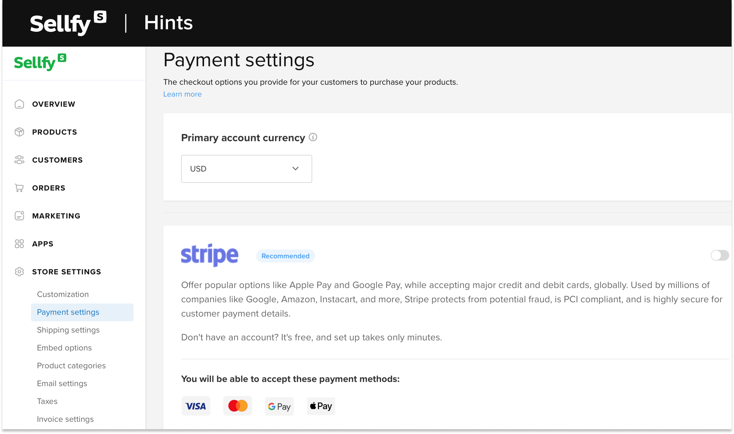 Sellfy payment settings