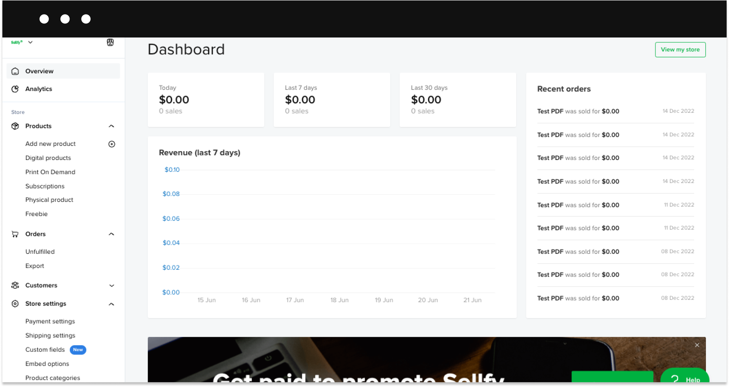 Sellfy dashboard