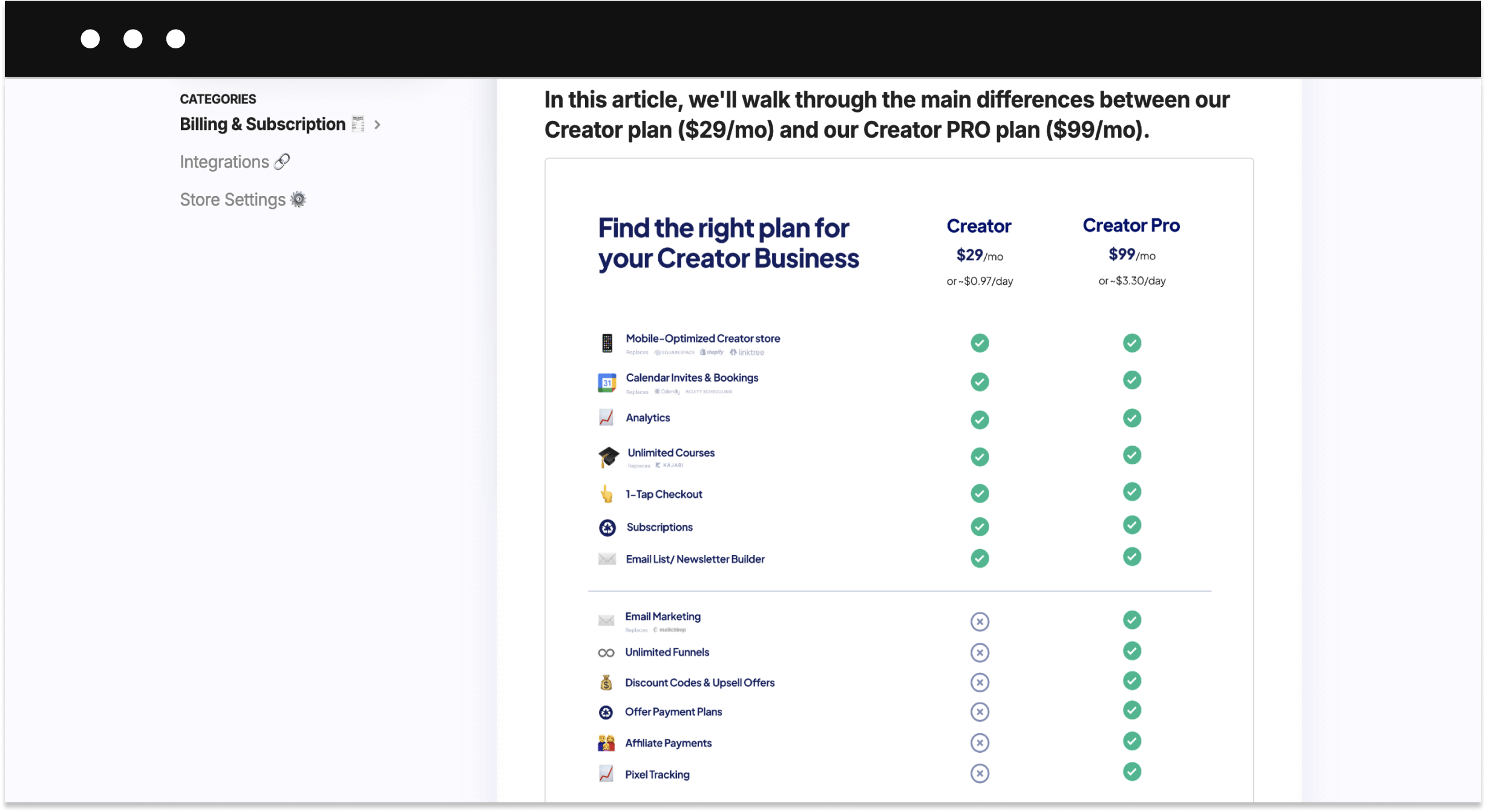 Stan Store Creator vs Creator Pro plan